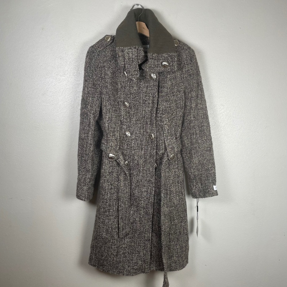Calvin Klein Womens Wool Blend Double Breasted Belted Coat Taupe Tweed 10‎ NWT